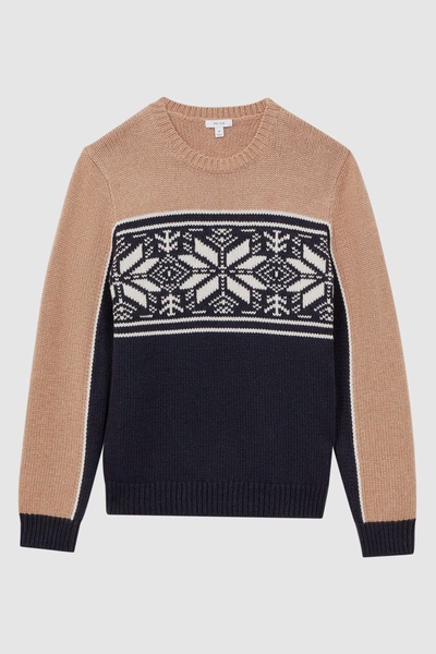 Fairisle Pattern Crew Neck Jumper in Navy/Camel