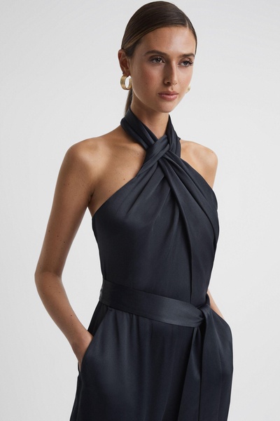 Satin Halter Neck Fitted Jumpsuit in Midnight Navy