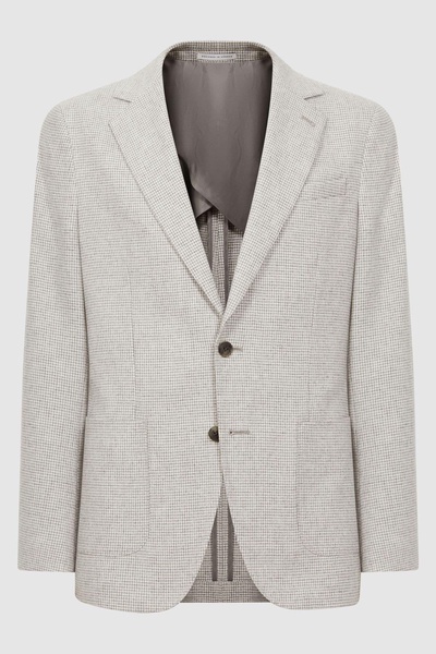 Slim Fit Single Breasted Checked Wool Blazer in Soft Grey