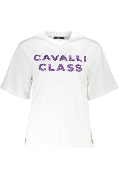 Cavalli Class Elegant White Cotton Tee with Designer Print