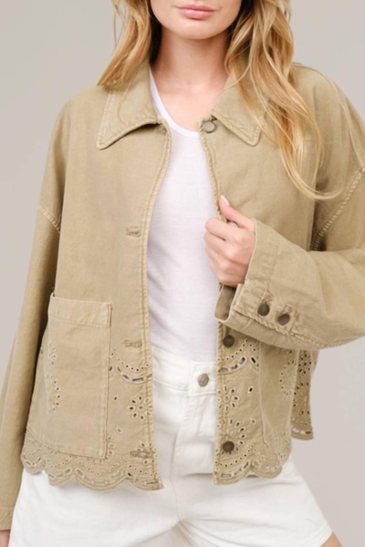 scalloped hem denim jacket in olive