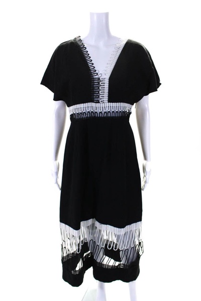 womens embroidered mesh v neck a line dress black white