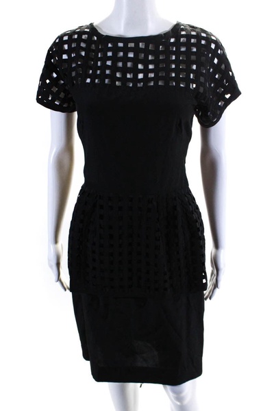 womens back zip short sleeve layered shift dress black cotton