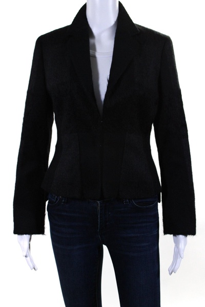 womens angora wool fleece hook & eye blazer jacket black