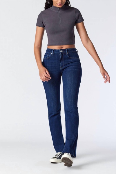 maria high rise flare slit hem jeans in deep brushed organic blue