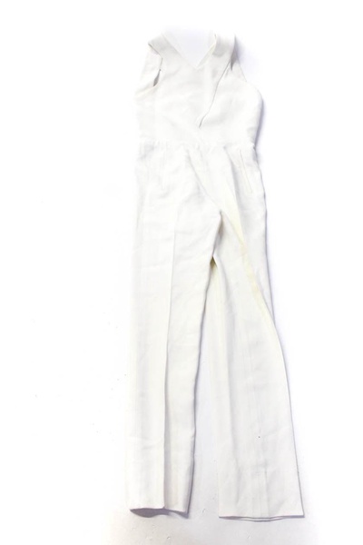 womens white v-neck pleated sleeveless straight leg jumpsuit