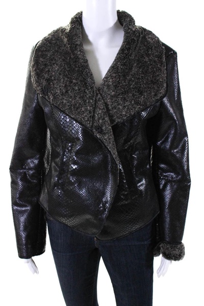 womens black reptile print faux fur lining jacket