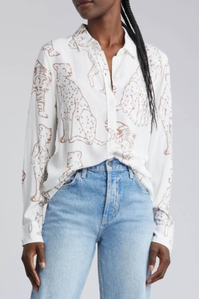 kathryn wild cat print button-up shirt in white