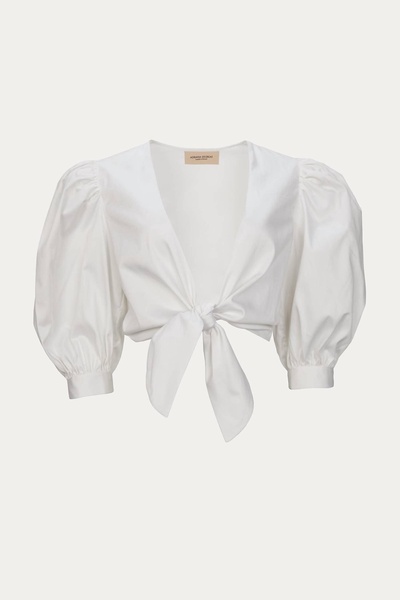 solid puff-sleeve cropped blouse in white