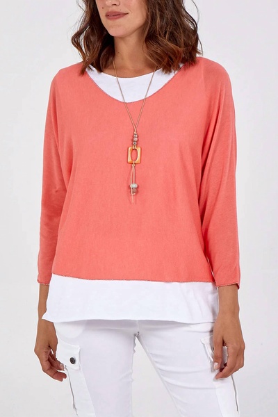 double layer summer top with necklace in coral