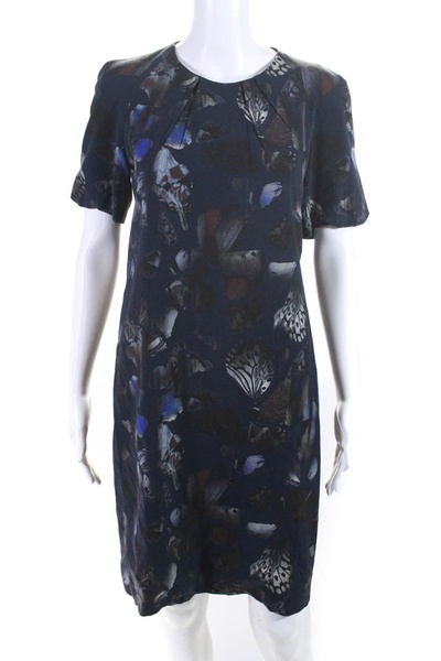 women's short sleeve printed wool sheath dress navy