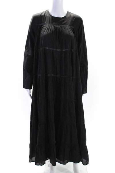 womens cotton long sleeve unlined mid calf tiered dress black