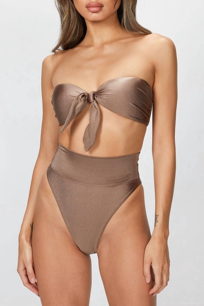 solid high-leg strapless bikini set in nut brown