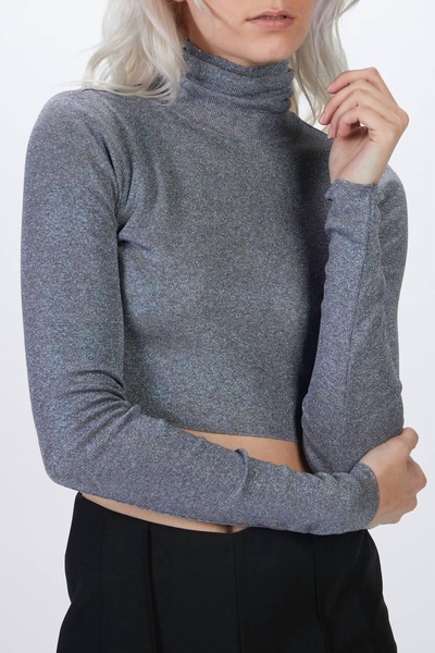 crop turtleneck knit top in grey blue