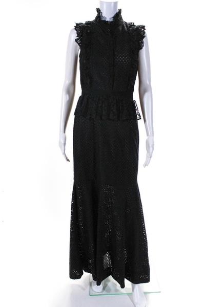 womens side zip sleeveless ruffled lace keyhole long dress black