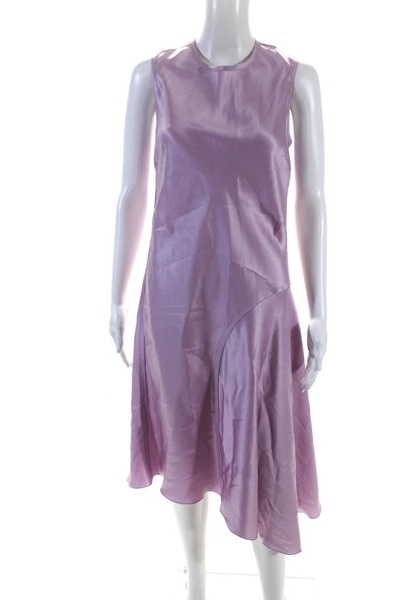 womens lilac crew neck zip back sleeveless asymmetric dress