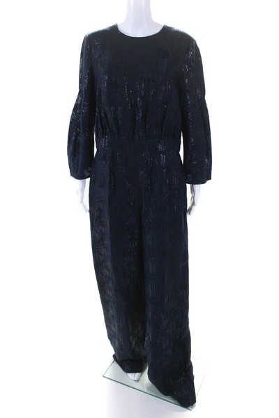 womens back zip 3/4 sleeve crew neck metallic print jumpsuit navy 12