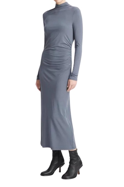 ruched long-sleeve turtleneck dress in pacific azure