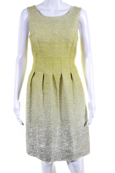 womens silk pleated front sleeveless dress yellow silver metallic