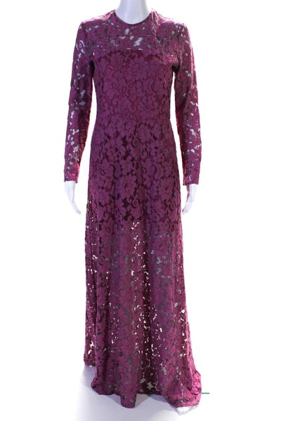 womens pink cotton floral lace crew neck long sleeve maxi dress