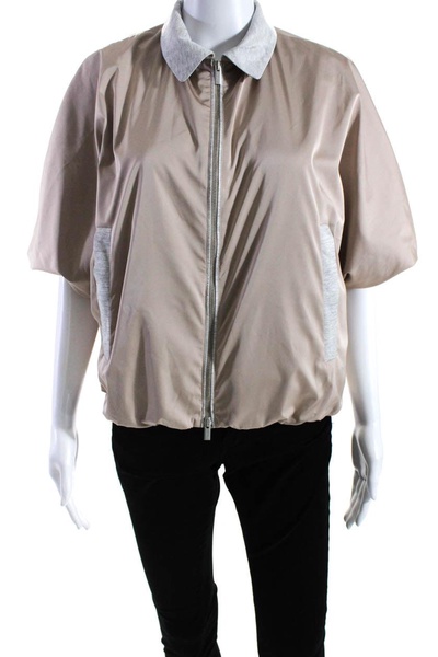 womens full zipper short sleeves crew neck jacket beige