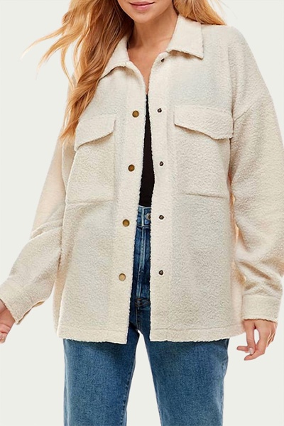 oversized fleece shirt jacket in ivory