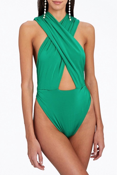 tara cross-front slinky jersey bodysuit in poison green