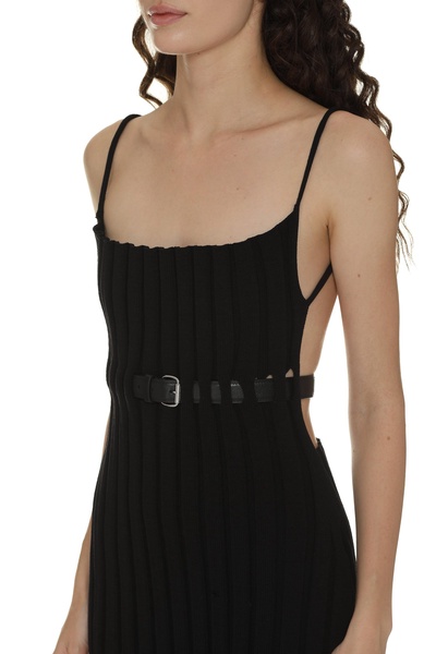 ALEXANDER WANG Black Knit Dress with Coordinated Leather Belt and Back Slit