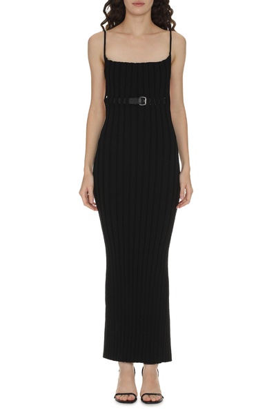 ALEXANDER WANG Black Knit Dress with Coordinated Leather Belt and Back Slit