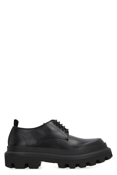 DOLCE & GABBANA Black Brushed Calfskin Derby Dress Shoes with Lace-Up Front for Men