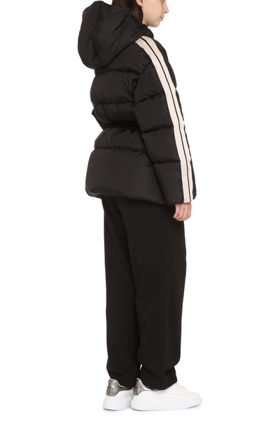 PALM ANGELS Black Full Zip Down Jacket with Contrasting Sleeves and Drawstring Waist