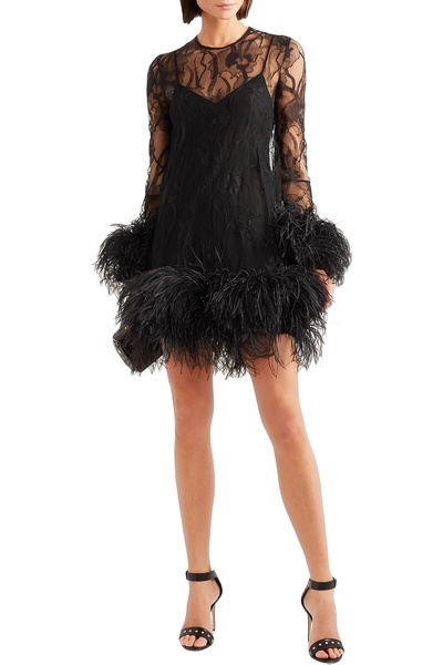 Feather-trimmed lace mini dress