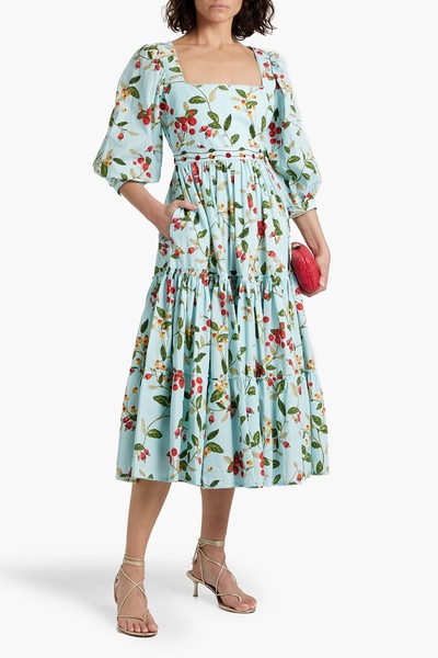 Miel Frutal embroidered tiered floral-print cotton-poplin midi dress