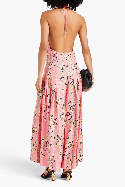 Printed silk-twill halterneck wide-leg jumpsuit