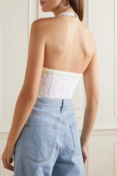 Cropped embroidered cotton-blend lace halterneck bustier top