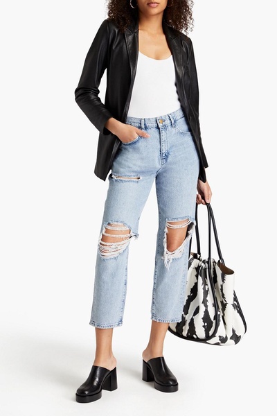 St. Tropez cropped distressed high-rise straight-leg jeans