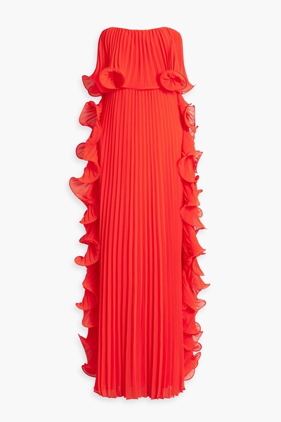 Strapless ruffled plissé-chiffon gown