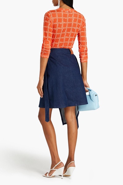 Appliquéd layered denim mini skirt