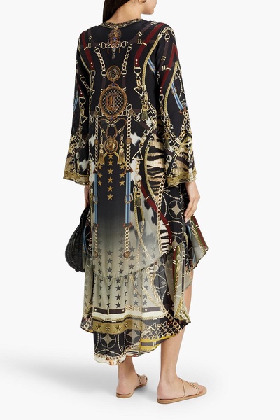 Asymmetric crystal-embellished printed silk crepe de chine dress