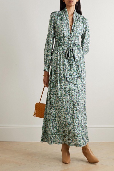 Krizia belted embroidered floral-print twill maxi dress