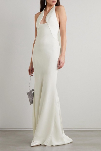 Paneled piqué and silk-crepe halterneck gown