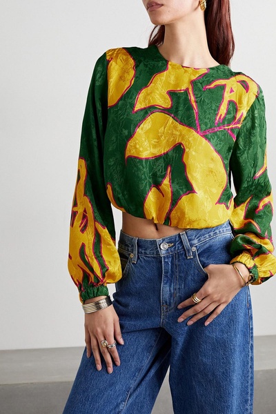 East Africa cropped twist-front printed satin-jacquard top