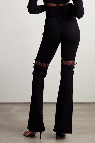 Lace-up ribbed-knit flared leggings