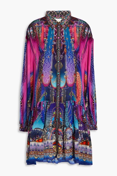 Crystal-embellished printed silk crepe de chine mini shirt dress