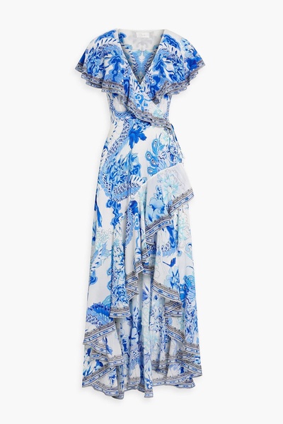 Crystal-embellished ruffled silk-crepe wrap dress