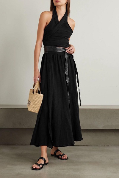 Cholul leather-trimmed frayed wrap-effect cotton-gauze midi skirt