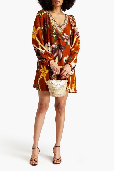 Embellished printed silk crepe de chine mini dress