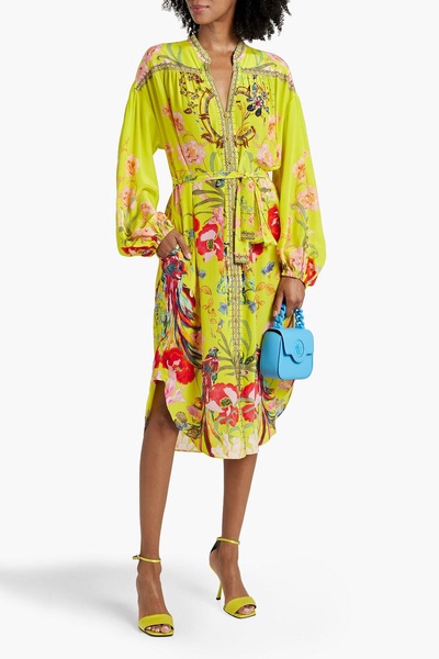 Crystal-embellished printed silk crepe de chine midi dress