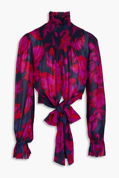 Kaija shirred printed crepe wrap blouse