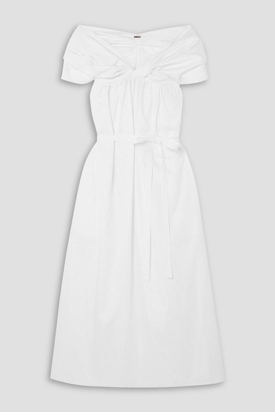 Off-the-shoulder ruched cotton-poplin midi dress